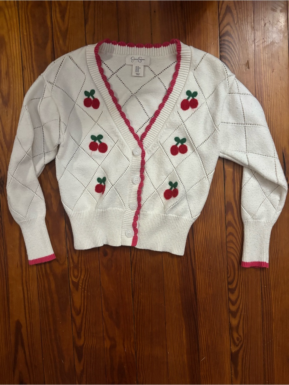Jessica Simpson Cherry Appliqué V-Neck Sweater Cardigan - White